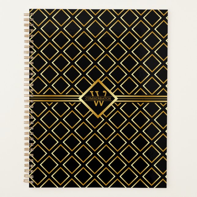 Faux Gold Axis Monogram – Black & Gold Planner (Front)