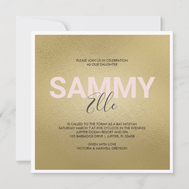 Faux Gold Bat Mitzvah Invitation (Front)