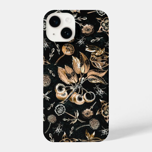 Faux Gold Beetles Flowers Leaves Cherry Fruits iPhone Case (Back)