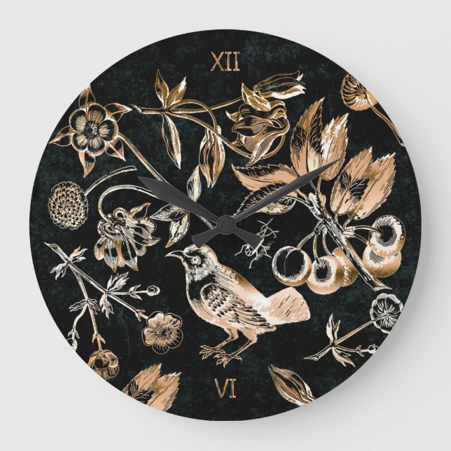 Faux Gold Bird Beetles Flowers Cherry Fruits   Large Clock (Front)