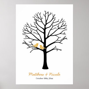 Faux Gold Birds Black Fingerprint Tree Wedding Poster