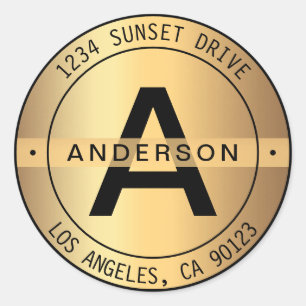 FAUX Gold & Black Bold Monogram & Circular Address Classic Round Sticker