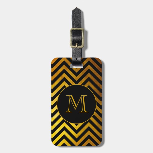 Faux Gold Black Chevron Pattern Custom Monogram Luggage Tag (Front Vertical)