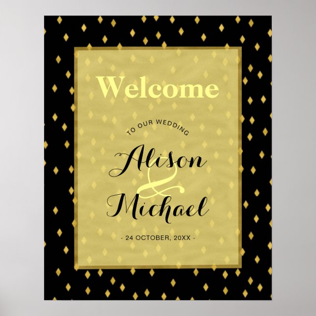 Faux gold black diamond pattern wedding welcome poster (Front)