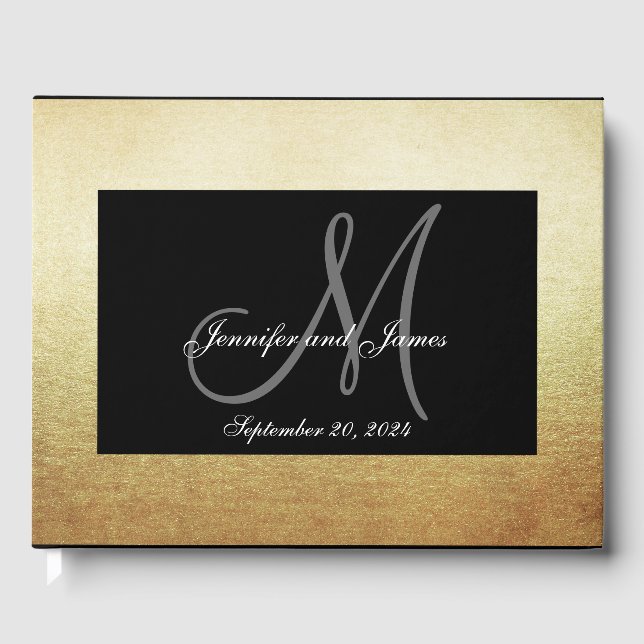 Faux Gold Black Elegant Monogram Photo Wedding Guest Book (Front)