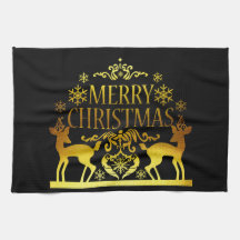 Faux Gold Black Merry Christmas Kitchen Hand Towel