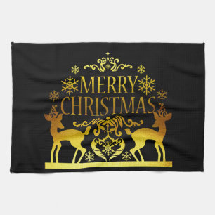 Faux Gold Black Merry Christmas Kitchen Hand Towel