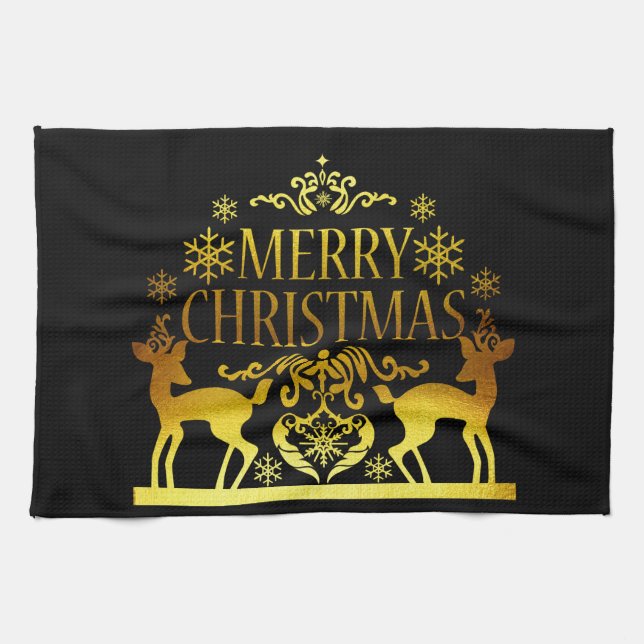 Faux Gold Black Merry Christmas Kitchen Hand Towel (Horizontal)