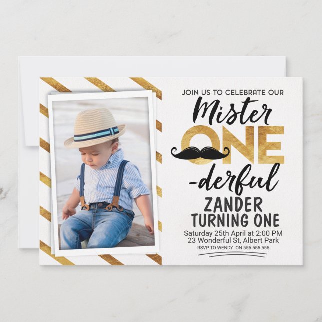 Faux Gold Black Mr Onederful Birthday Invitation (Front)