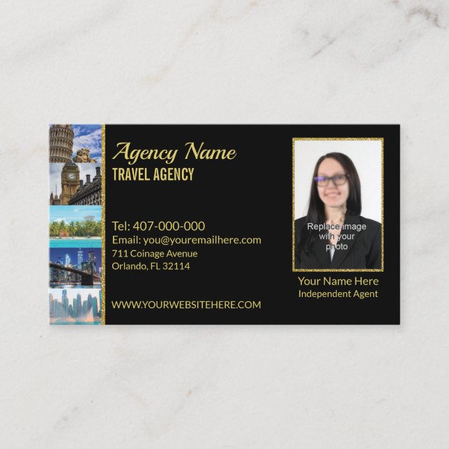 Faux Gold Black Your Photo Travel Agent Business Card (Front)