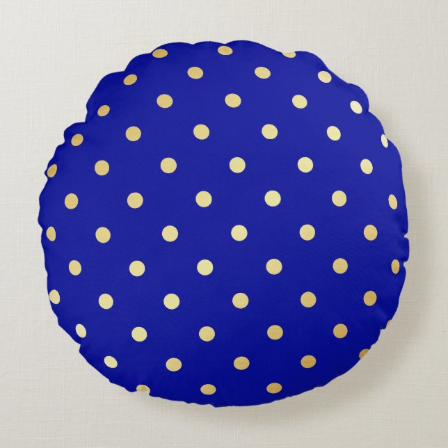 faux gold blue polka dots round cushion (Front)