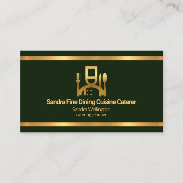 Faux Gold Borders Emerald Green Catering Business Card (Front)