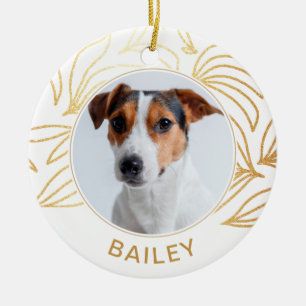Faux Gold Botanical Dog Photo and Name Christmas Ceramic Ornament