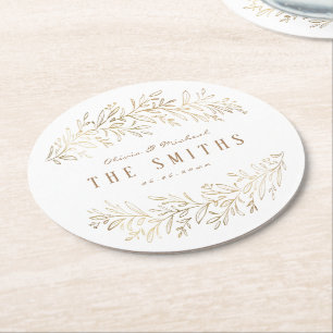 faux gold botanical foliage elegant wedding round paper coaster
