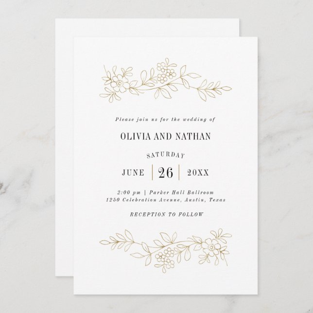 Faux Gold Botanical Line Drawings | Wedding Invitation (Front/Back)