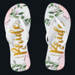 Faux Gold Bride Script Chic Floral with Name Thongs<br><div class="desc">Lovely pink and purple watercolor floral and greenery wedding design,  with faux gold bride typography script and bride's name.</div>
