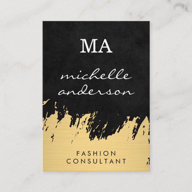 Faux Gold Brushed Black with Monogram Business Card (Front)