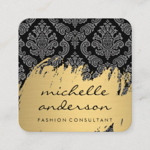 Faux Gold Brushed Damask Pattern Square Business Card