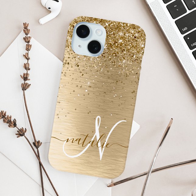 Faux Gold Brushed Metal Glitter Print Monogram Case-Mate iPhone Case (Creator Uploaded)