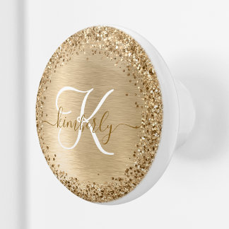 Faux Gold Brushed Metal Glitter Print Monogram Ceramic Knob