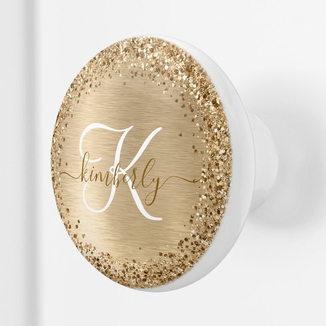 Faux Gold Brushed Metal Glitter Print Monogram Ceramic Knob (Creator Uploaded)