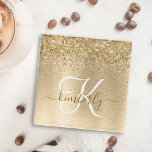 Faux Gold Brushed Metal Glitter Print Monogram Glass Coaster<br><div class="desc">Easily personalise this trendy chic glass coaster design featuring pretty gold sparkling glitter on a gold brushed metallic background.</div>
