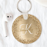 Faux Gold Brushed Metal Glitter Print Monogram Key Ring<br><div class="desc">Easily personalize this trendy chic keychain design featuring pretty gold sparkling glitter on a gold brushed metallic background.</div>