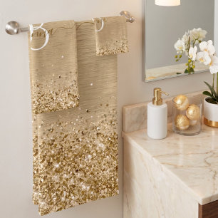 Faux Gold Brushed Metal Glitter Print Monogram Nam Bath Towel Set
