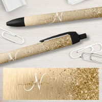 Faux Gold Brushed Metal Glitter Print Monogram Nam
