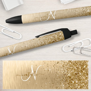 Faux Gold Brushed Metal Glitter Print Monogram Nam Black Ink Pen