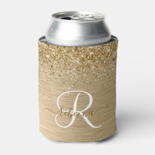 Faux Gold Brushed Metal Glitter Print Monogram Nam Can Cooler