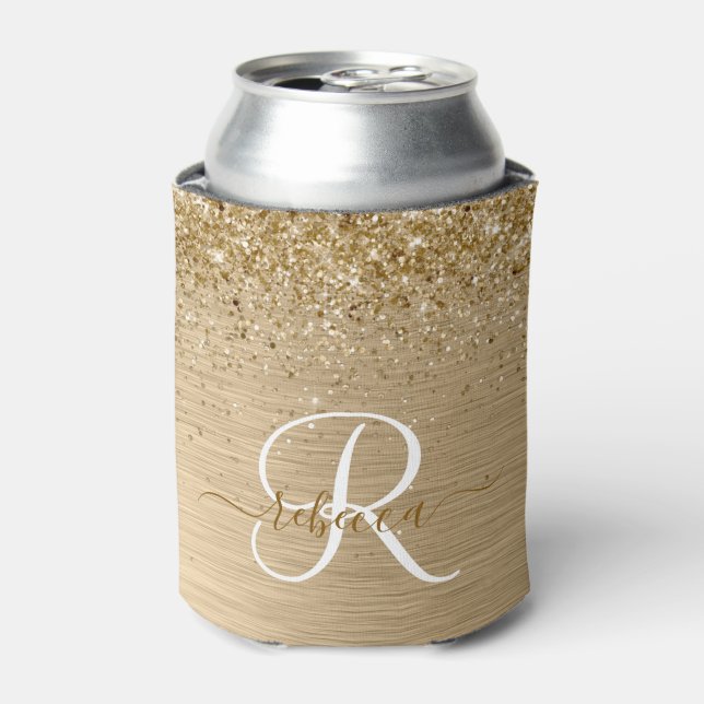 Faux Gold Brushed Metal Glitter Print Monogram Nam Can Cooler (Can Front)