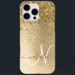 Faux Gold Brushed Metal Glitter Print Monogram Nam iPhone 16 Pro Max Case<br><div class="desc">Easily personalise this trendy chic phone case design featuring pretty gold sparkling glitter on a gold brushed metallic background.</div>