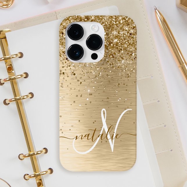 Faux Gold Brushed Metal Glitter Print Monogram Nam Case-Mate iPhone Case (Creator Uploaded)