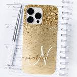 Faux Gold Brushed Metal Glitter Print Monogram Nam Case-Mate iPhone 14 Pro Max Case<br><div class="desc">Easily personalise this trendy chic phone case design featuring pretty gold sparkling glitter on a gold brushed metallic background.</div>