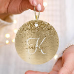 Faux Gold Brushed Metal Glitter Print Monogram Nam Ceramic Ornament<br><div class="desc">Easily personalise this trendy chic ornament design featuring pretty gold sparkling faux glitter on a gold brushed metallic background.</div>