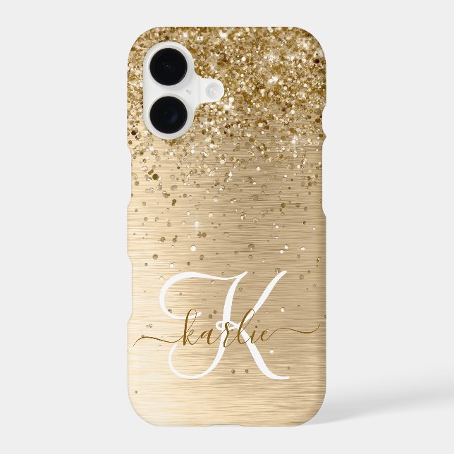 Faux Gold Brushed Metal Glitter Print Monogram Nam iPhone Case (Back)