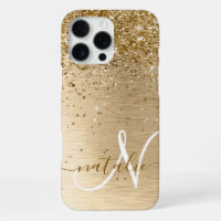 Faux Gold Brushed Metal Glitter Print Monogram Nam