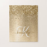 Faux Gold Brushed Metal Glitter Print Monogram Nam Jigsaw Puzzle<br><div class="desc">Easily personalise this trendy chic jigsaw puzzle design featuring pretty gold sparkling glitter on a gold brushed metallic background.</div>
