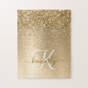 Faux Gold Brushed Metal Glitter Print Monogram Nam Jigsaw Puzzle