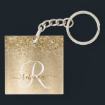 Faux Gold Brushed Metal Glitter Print Monogram Nam Key Ring<br><div class="desc">Easily personalise this trendy chic keychain design featuring pretty gold sparkling glitter on a gold brushed metallic background.</div>