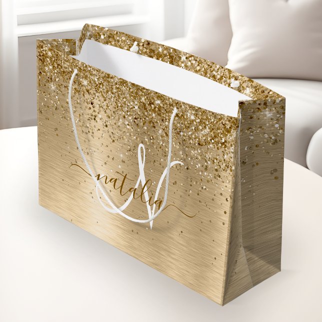 Faux Gold Brushed Metal Glitter Print Monogram Nam Large Gift Bag (Creator Uploaded)