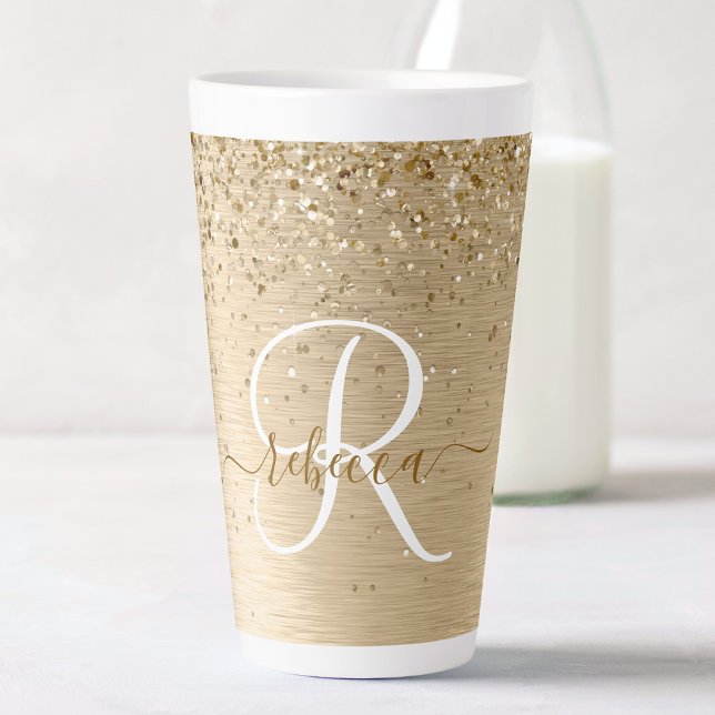 Faux Gold Brushed Metal Glitter Print Monogram Nam Latte Mug (Creator Uploaded)
