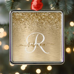 Faux Gold Brushed Metal Glitter Print Monogram Nam Metal Ornament<br><div class="desc">Easily personalise this trendy chic ornament design featuring pretty gold sparkling glitter on a gold brushed metallic background.</div>