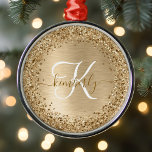 Faux Gold Brushed Metal Glitter Print Monogram Nam Metal Ornament<br><div class="desc">Easily personalise this trendy chic ornament design featuring pretty gold sparkling glitter on a gold brushed metallic background.</div>