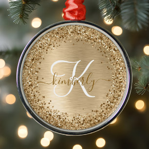 Faux Gold Brushed Metal Glitter Print Monogram Nam Ornament