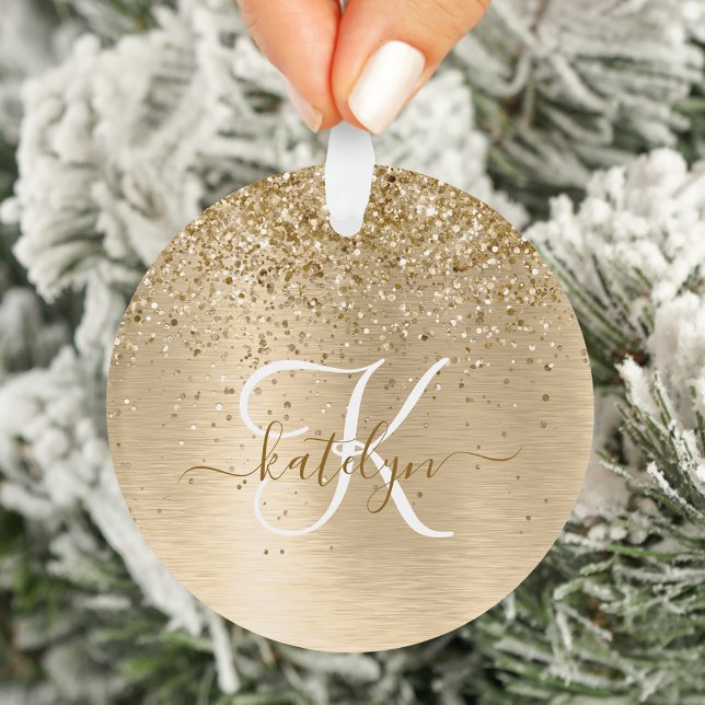 Faux Gold Brushed Metal Glitter Print Monogram Nam Ornament (Creator Uploaded)
