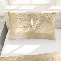 Faux Gold Brushed Metal Glitter Print Monogram Nam Pillowcase