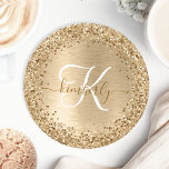 Faux Gold Brushed Metal Glitter Print Monogram Nam Round Paper Coaster<br><div class="desc">Easily personalise this trendy chic paper coaster design featuring pretty gold sparkling glitter on a gold brushed metallic background.</div>