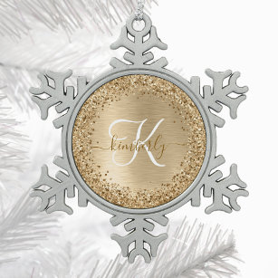 Faux Gold Brushed Metal Glitter Print Monogram Nam Snowflake Pewter Christmas Ornament